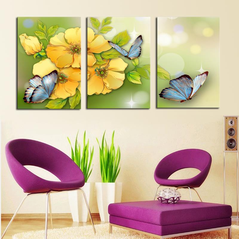 3 piece yellow flower and butterfly modern home wall wedding decor canvas picture art hd print painting on canvas arts unframed