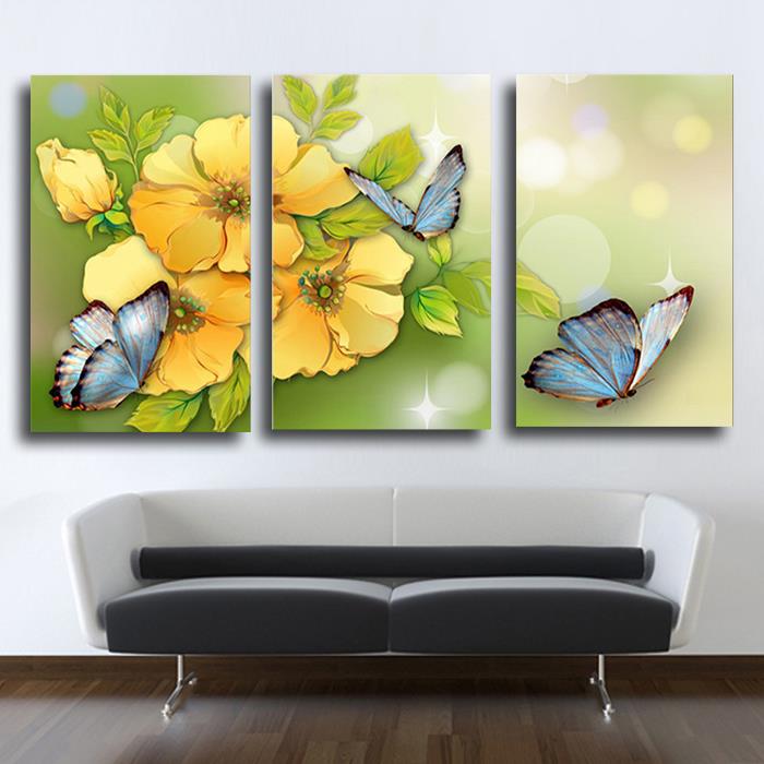 3 piece yellow flower and butterfly modern home wall wedding decor canvas picture art hd print painting on canvas arts unframed