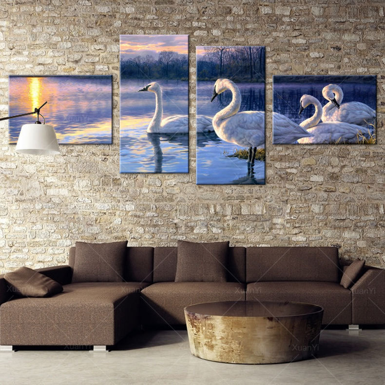 4 panel beautiful swan cygnus painting cuadros canvas art laker canvas painting wall pictures for living room no frame pr1015