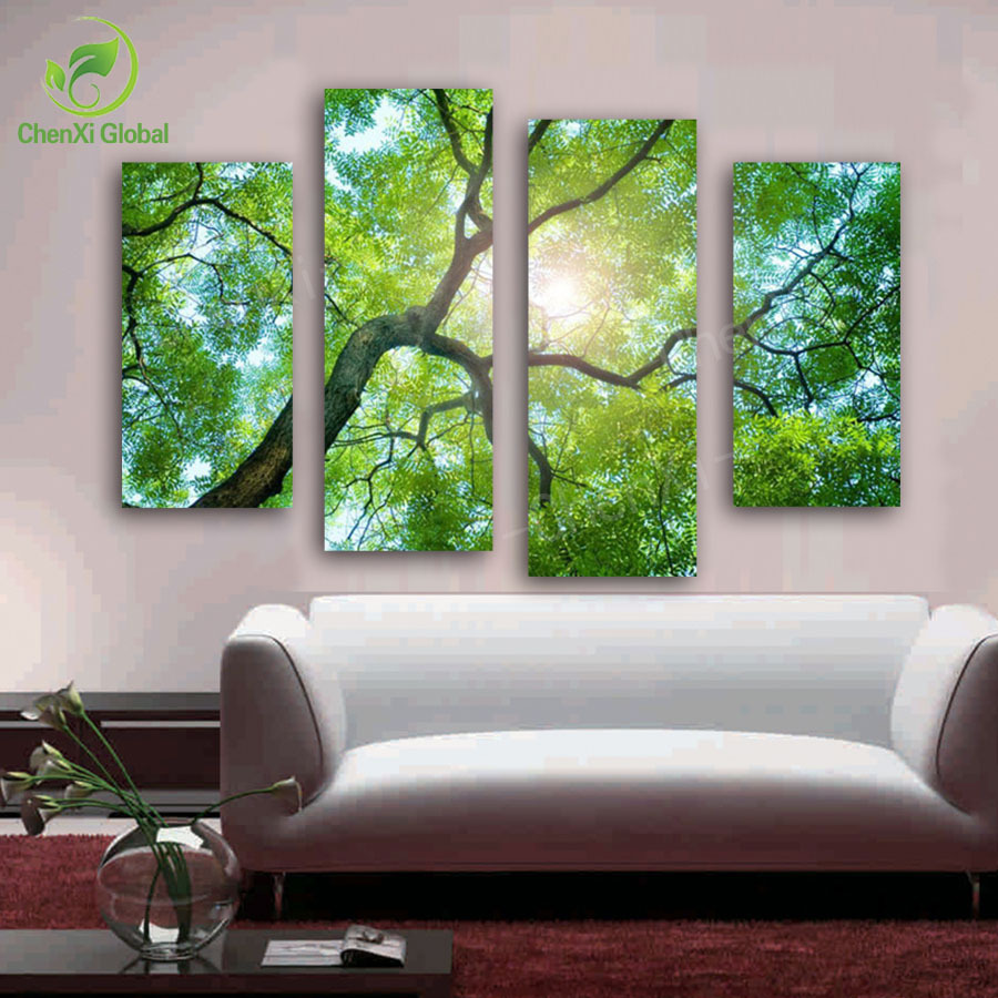 4 panel modern printed nature tree wall pictures for living room unframed oil painting canvas wall art home decoracion pf1079