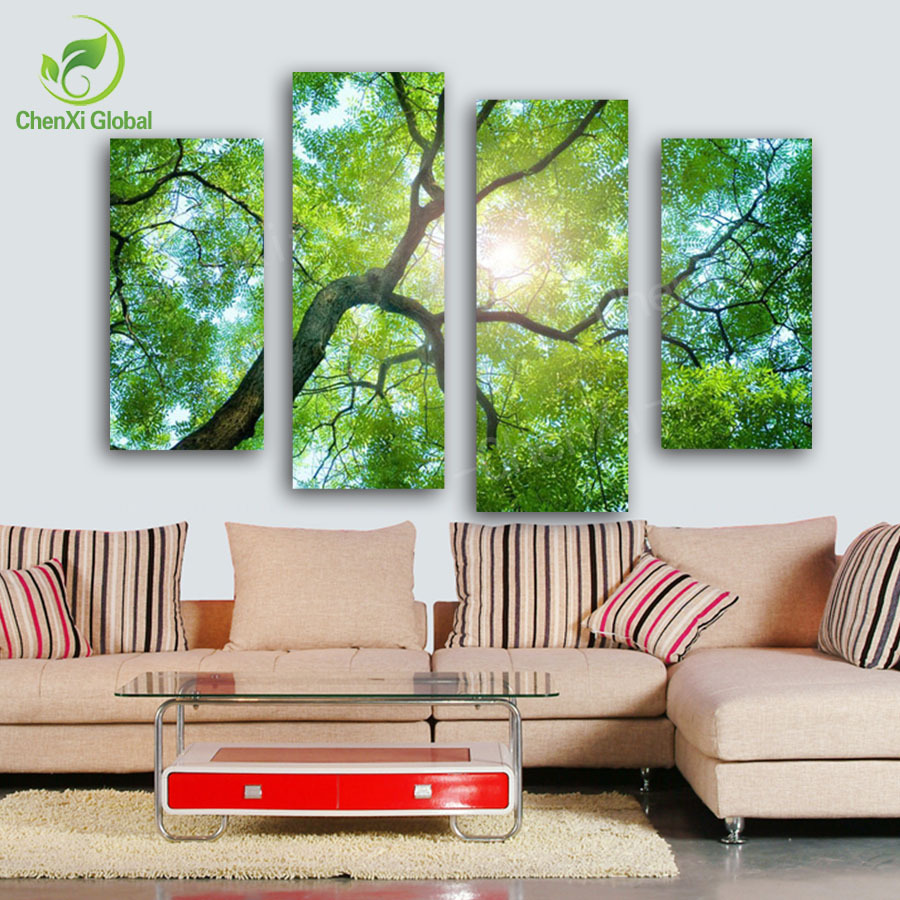 4 panel modern printed nature tree wall pictures for living room unframed oil painting canvas wall art home decoracion pf1079