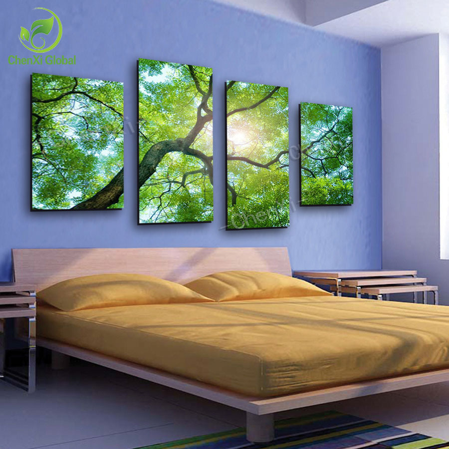 4 panel modern printed nature tree wall pictures for living room unframed oil painting canvas wall art home decoracion pf1079