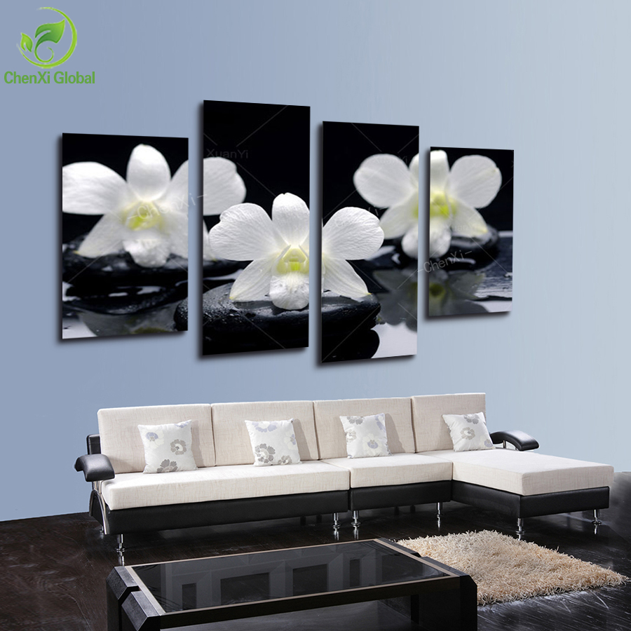 4 panel white flower canvas wall art oil painting cuadros decoracion wall picture for living room modern print unframed wedding