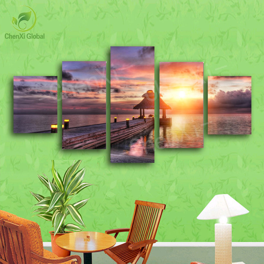 5 panel beautiful sunset seascape oil canvas painting picture cuadros decoracion home decor for living room unframed pf1084