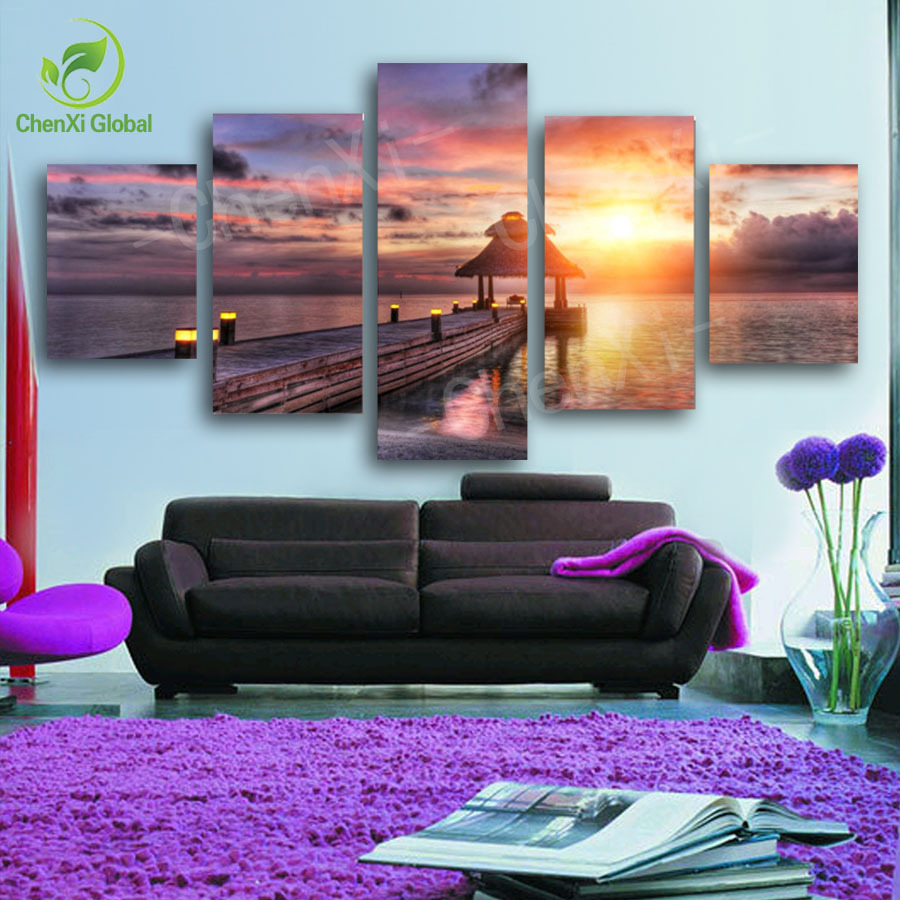 5 panel beautiful sunset seascape oil canvas painting picture cuadros decoracion home decor for living room unframed pf1084