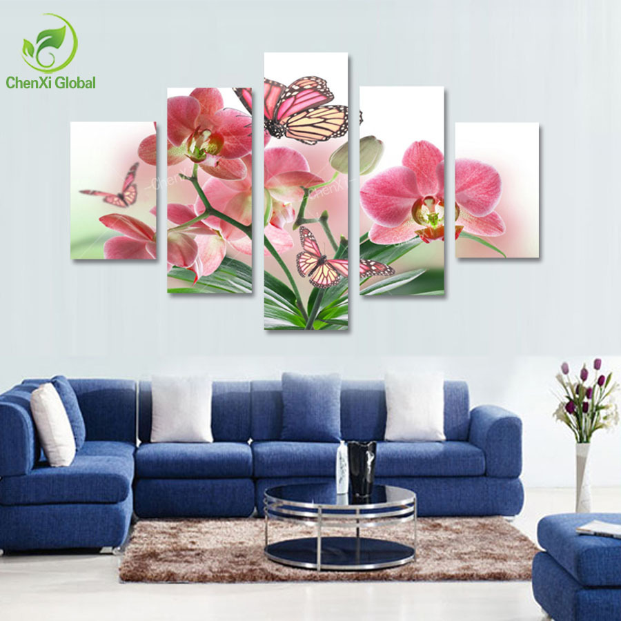 5 panel butterfly flower oil canvas art painting modern printed wall pictures paint for living room bed room unframed abstract