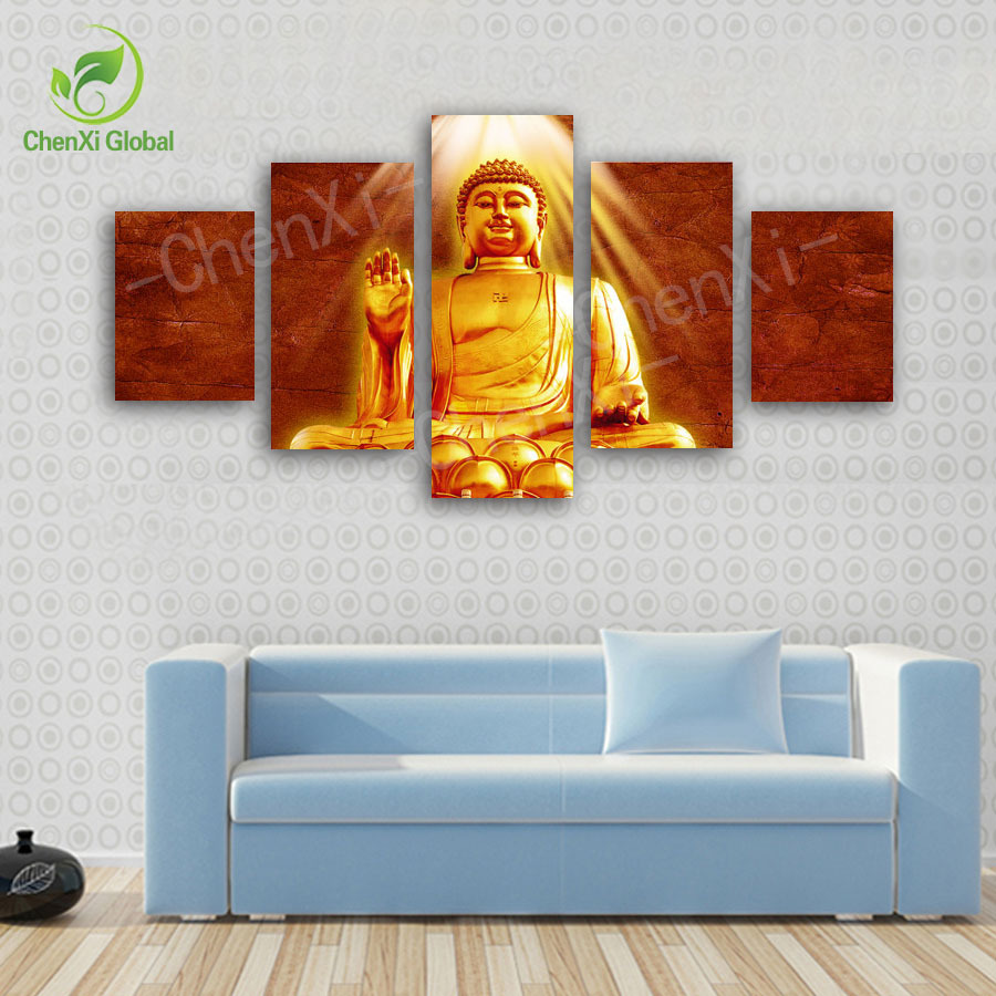 5 panel golden buddha canvas painting cuadros buda oil style picture home decor wall art for living room printed unframed