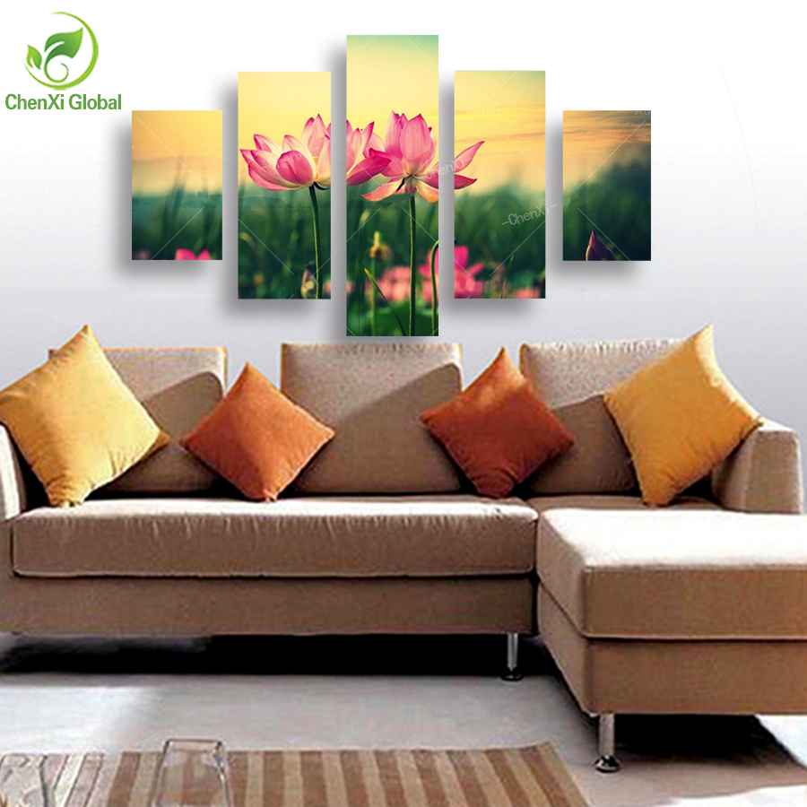 5 panel graceful lotus flower painting canvas modern picture cuadros wall art home decor for living room prints unframed wedding