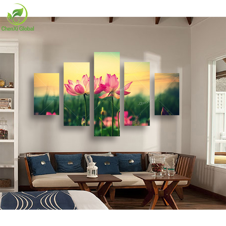 5 panel graceful lotus flower painting canvas modern picture cuadros wall art home decor for living room prints unframed wedding