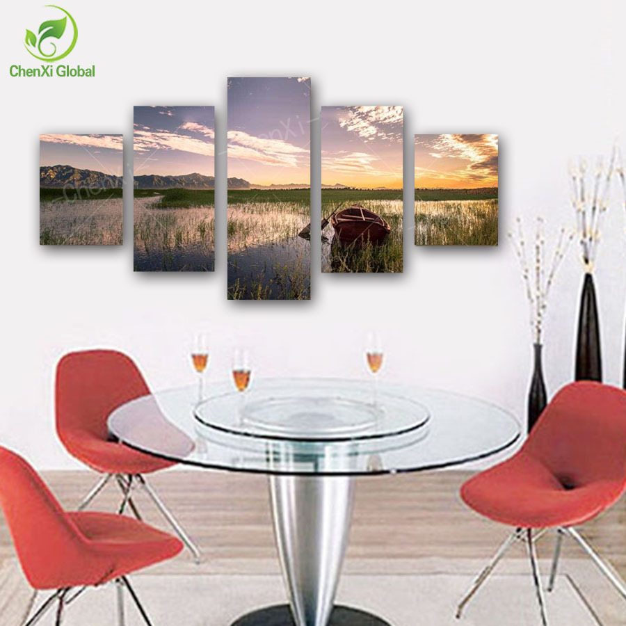 5 panel modern laker painting pictures sunset scenery painting cuadros canvas art wall picture for living room no frame pr1014