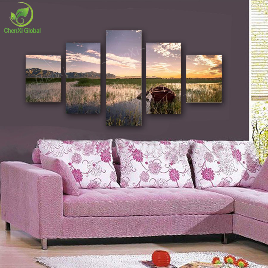 5 panel modern laker painting pictures sunset scenery painting cuadros canvas art wall picture for living room no frame pr1014