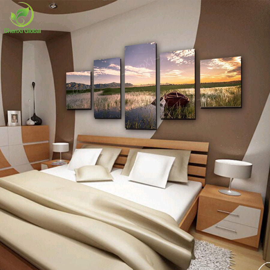 5 panel modern laker painting pictures sunset scenery painting cuadros canvas art wall picture for living room no frame pr1014