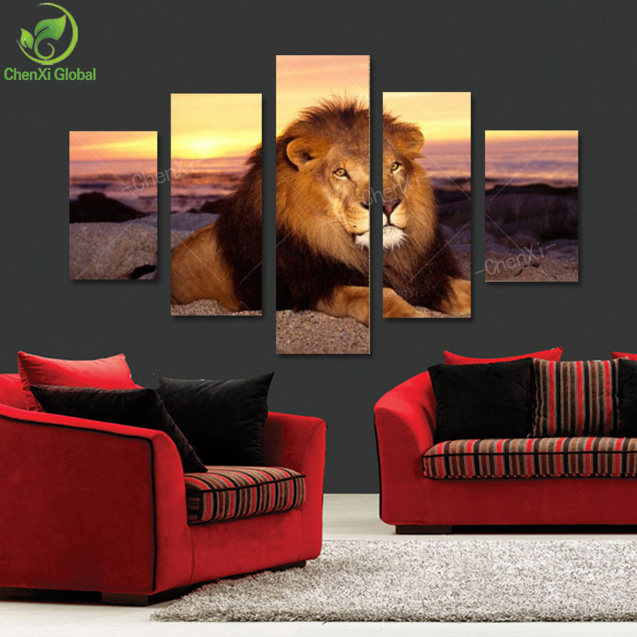 5 panel modern printed lion oil painting picture cuadros animal landscape paintings home decor for living room no frame pr932