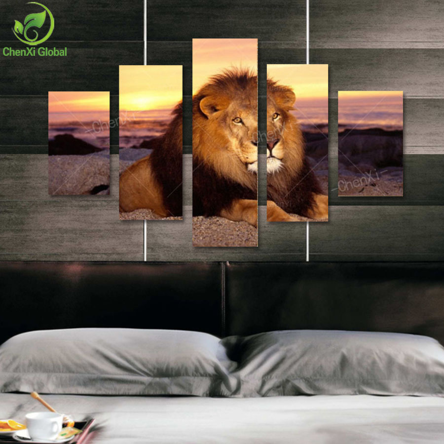 5 panel modern printed lion oil painting picture cuadros animal landscape paintings home decor for living room no frame pr932