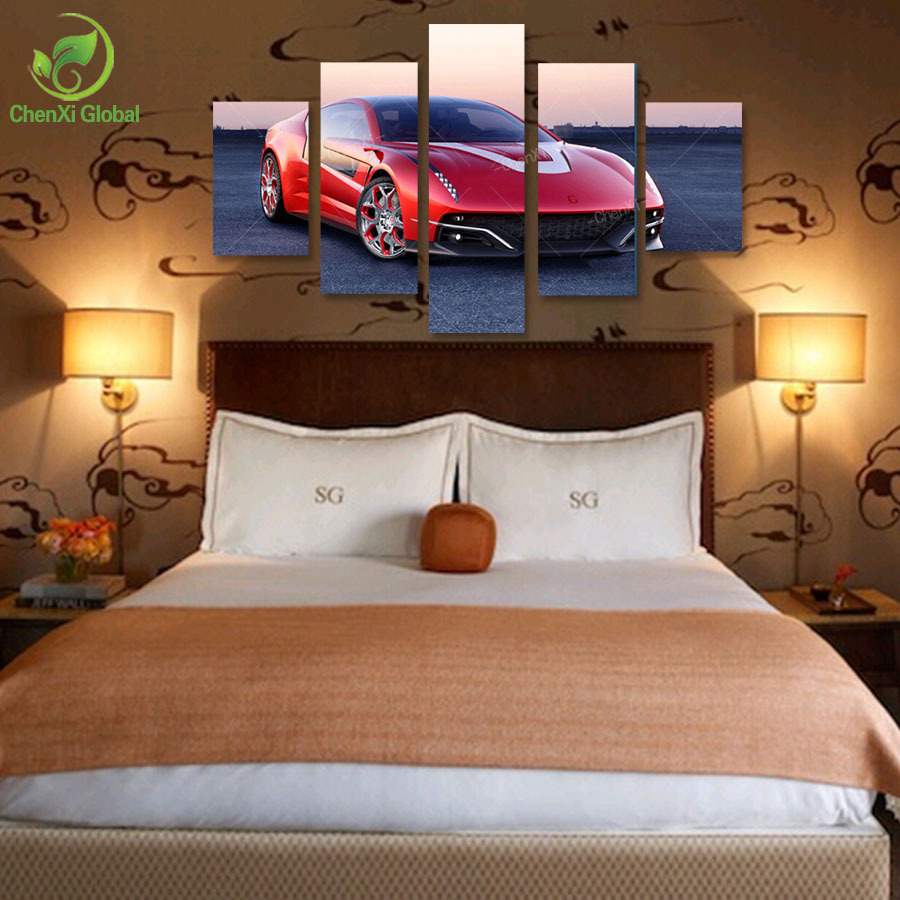 5 panel modern printed luxury red car oil painting wedding cuadros decoracion saloon coupe picture canvas wall art unframed