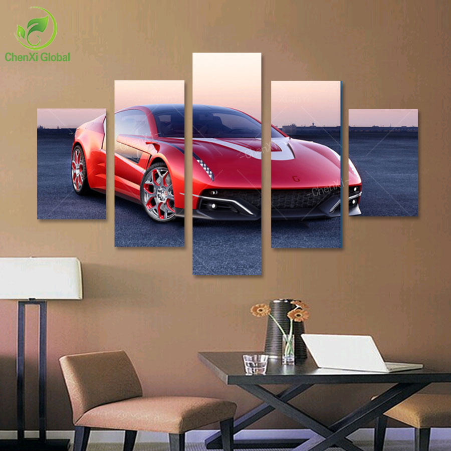 5 panel modern printed luxury red car oil painting wedding cuadros decoracion saloon coupe picture canvas wall art unframed