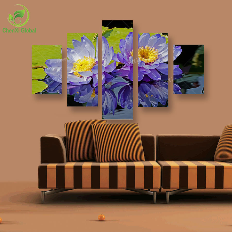 5 panel modern printed purple flower painting canvas art home decor cuadros wall picture for living room unframed wedding