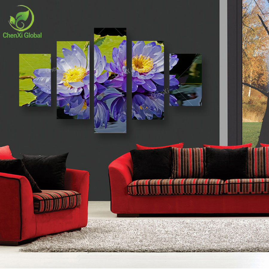 5 panel modern printed purple flower painting canvas art home decor cuadros wall picture for living room unframed wedding