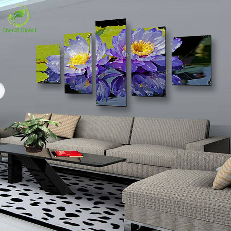 5 panel modern printed purple flower painting canvas art home decor cuadros wall picture for living room unframed wedding