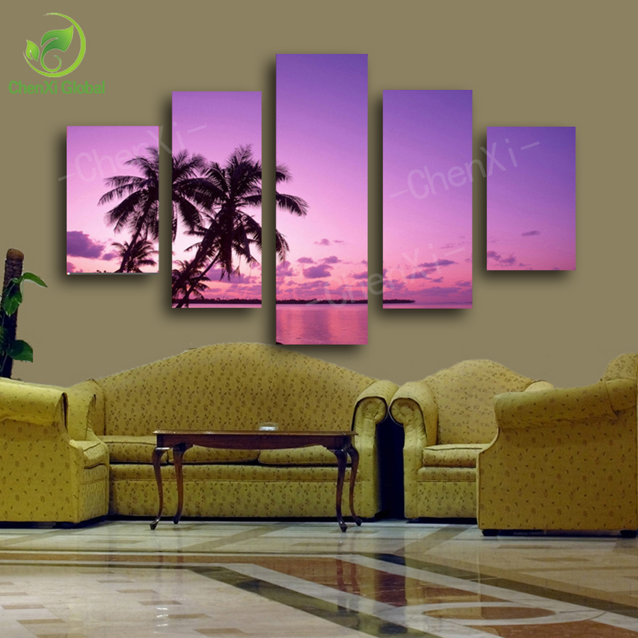 5 panel modern printed seascape sunset canvas wall art oil painting picture cuadros home decor for living room unframed pf1077