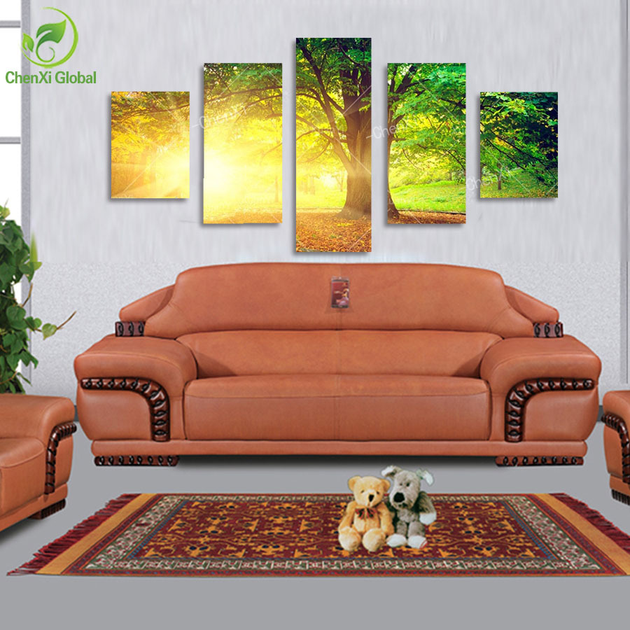 5 panel modern printed sun tree painting picture cuadros decoracion canvas landscape painting for living room no framed wedding