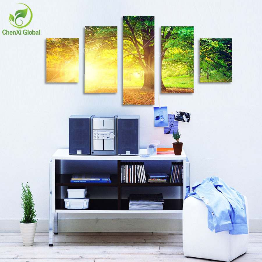 5 panel modern printed sun tree painting picture cuadros decoracion canvas landscape painting for living room no framed wedding