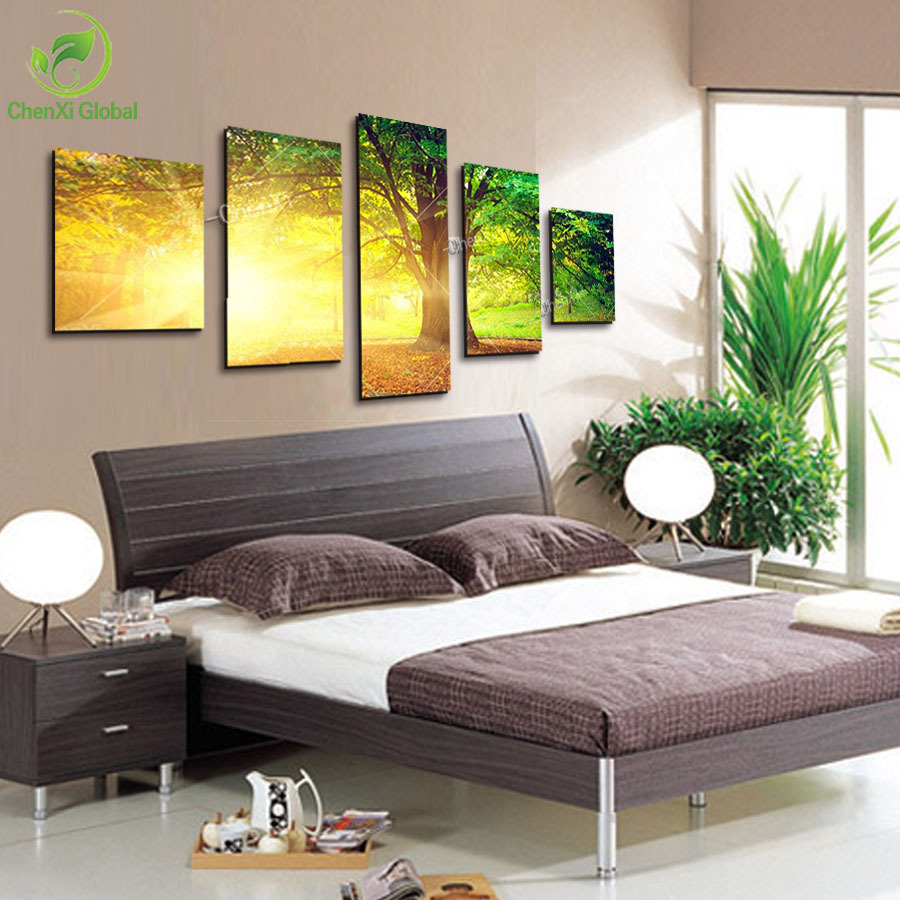 5 panel modern printed sun tree painting picture cuadros decoracion canvas landscape painting for living room no framed wedding