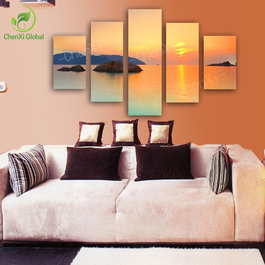 5 panel modern printed sunset lake spray canvas oil painting cuadros scenery art wall picture for living room unframed wedding