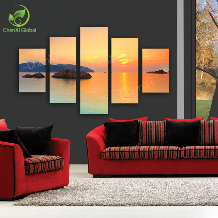 5 panel modern printed sunset lake spray canvas oil painting cuadros scenery art wall picture for living room unframed wedding