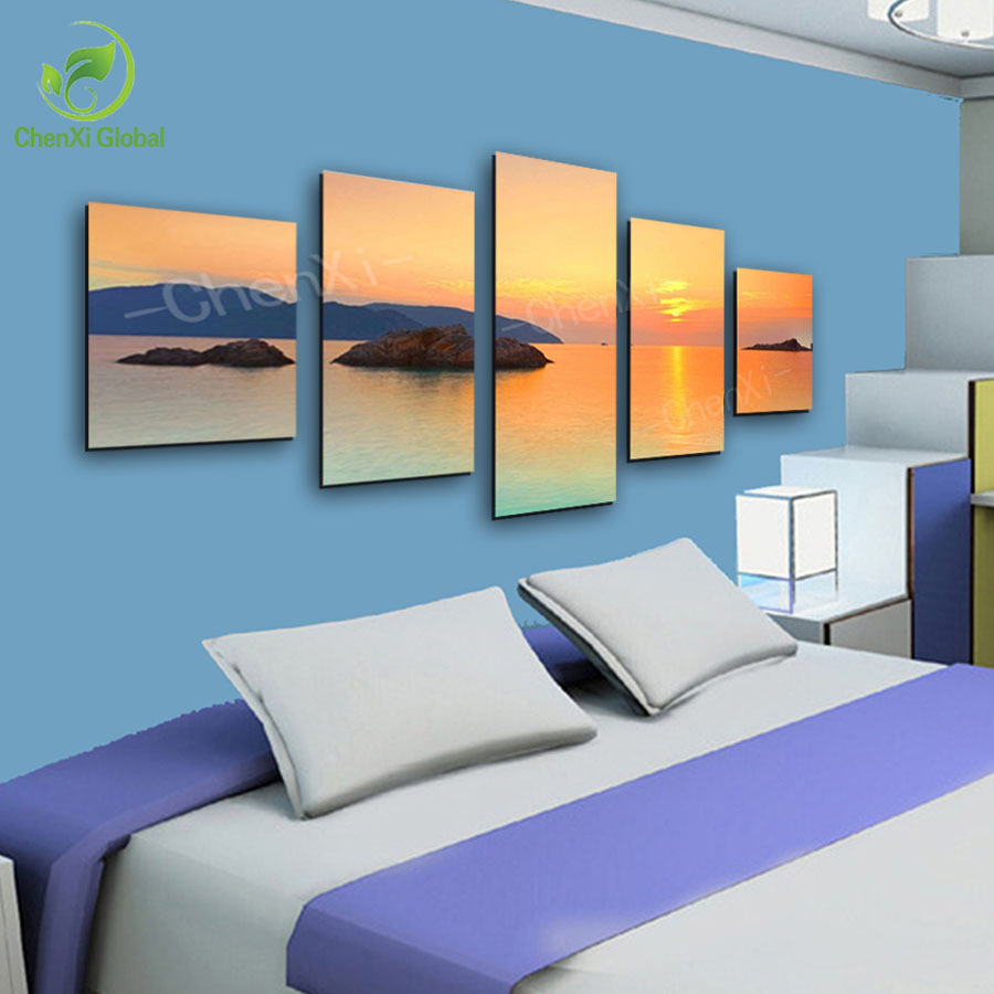 5 panel modern printed sunset lake spray canvas oil painting cuadros scenery art wall picture for living room unframed wedding