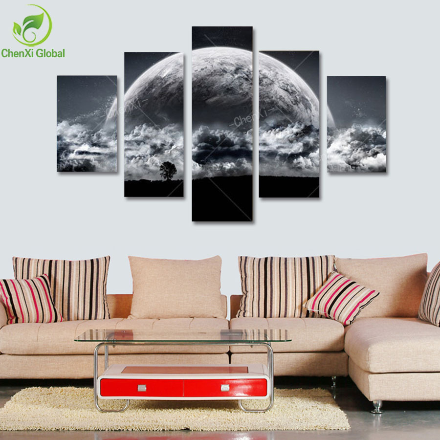 5 panel modern printed universe space paintings canvas picture cuadros earth landscape painting for living room no frame wedding