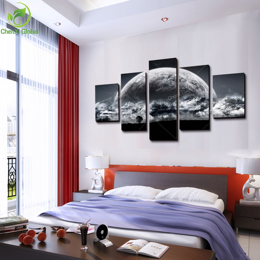 5 panel modern printed universe space paintings canvas picture cuadros earth landscape painting for living room no frame wedding