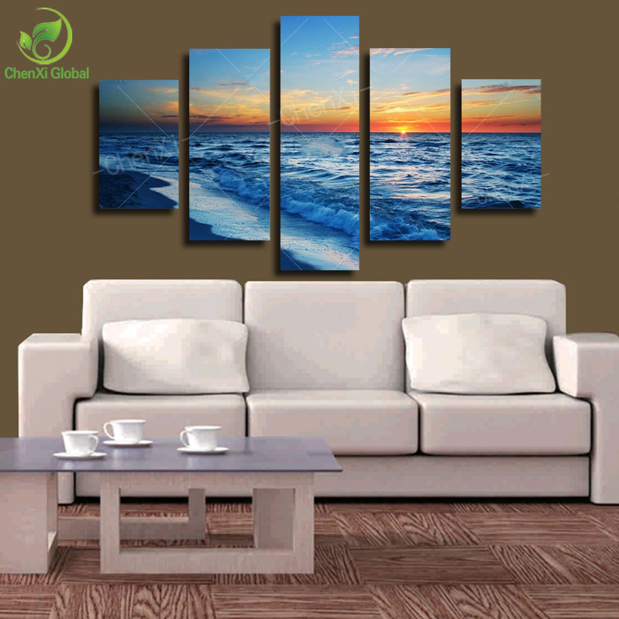 5 panel modern prints beach seascape oil painting sea wave sunset painting cuadros wall picture for living room(no frame) pr1011