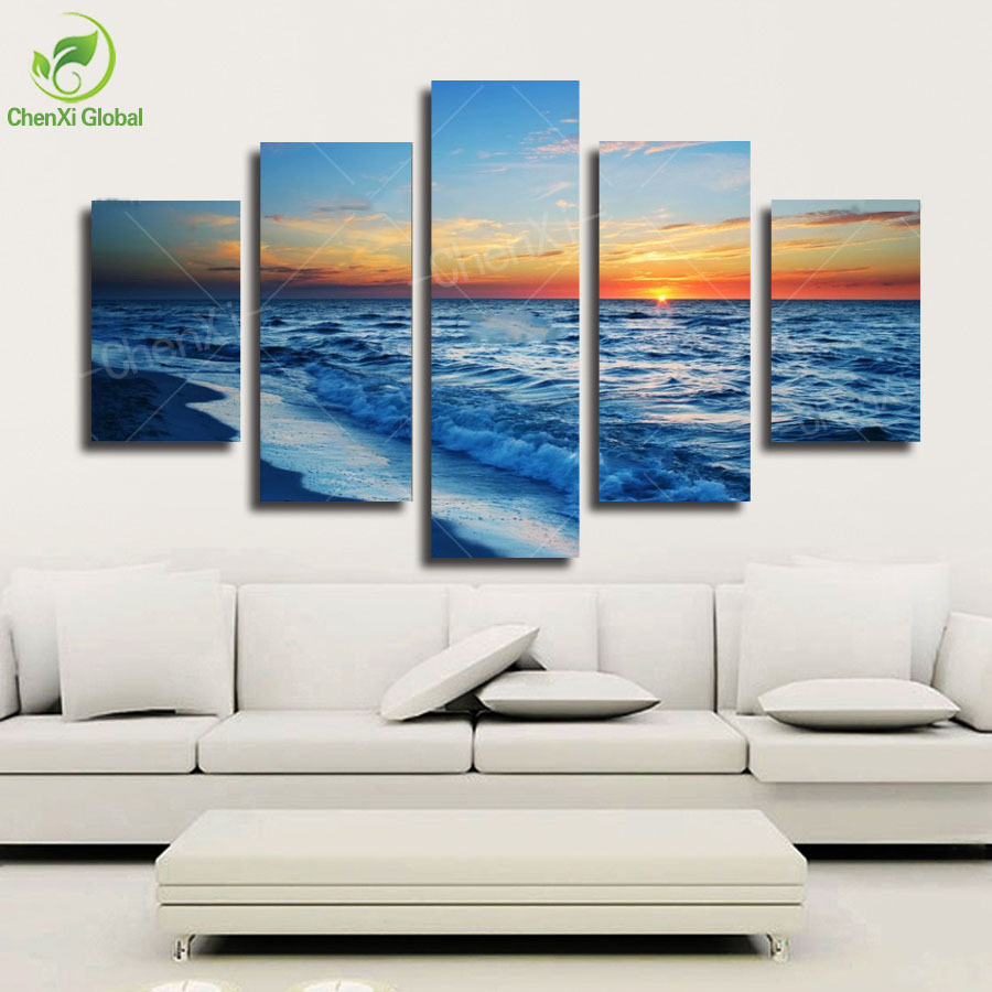 5 panel modern prints beach seascape oil painting sea wave sunset painting cuadros wall picture for living room(no frame) pr1011