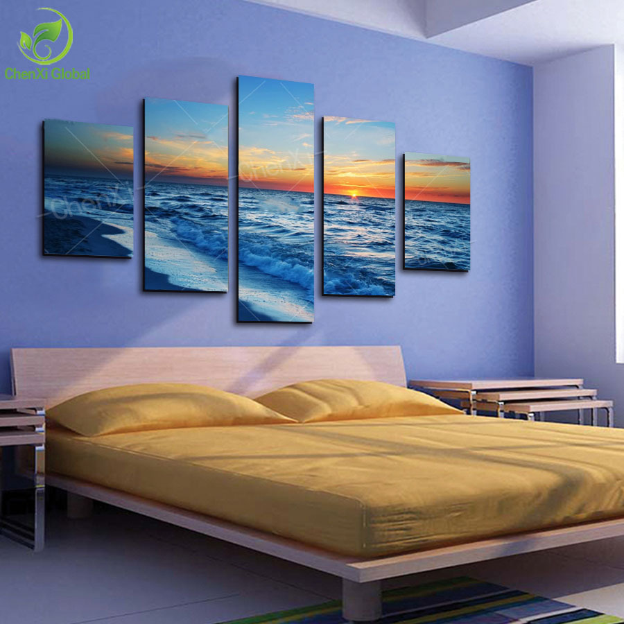 5 panel modern prints beach seascape oil painting sea wave sunset painting cuadros wall picture for living room(no frame) pr1011