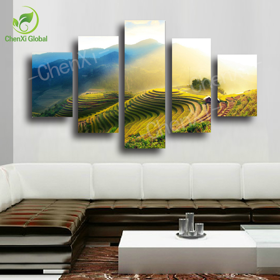 5 panel modern spray painting rice field canwas wal art oil painting nature landscape for living bed room unframed pf1074