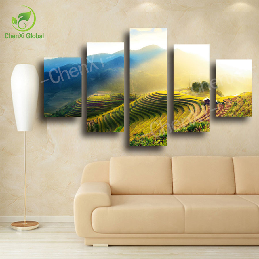 5 panel modern spray painting rice field canwas wal art oil painting nature landscape for living bed room unframed pf1074