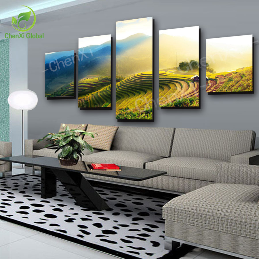 5 panel modern spray painting rice field canwas wal art oil painting nature landscape for living bed room unframed pf1074