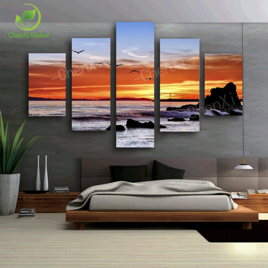 5 panel modern spray painting seascape beach sunset canvas painting picture wall art home decor for living room unframed pf1067