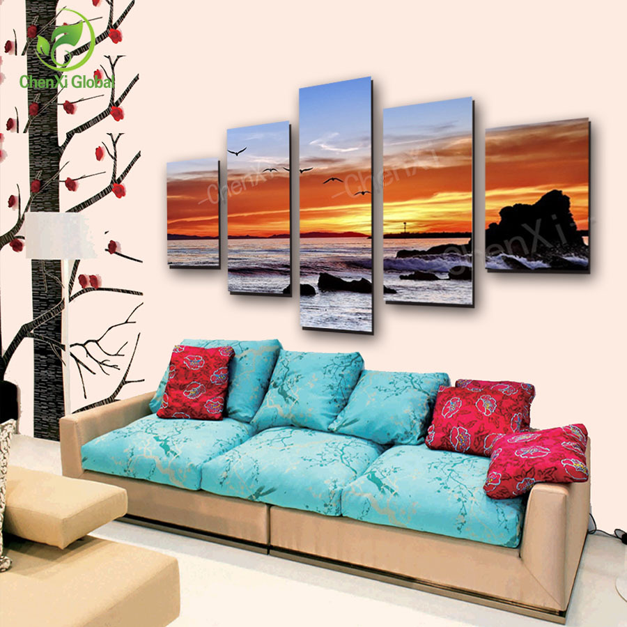 5 panel modern spray painting seascape beach sunset canvas painting picture wall art home decor for living room unframed pf1067