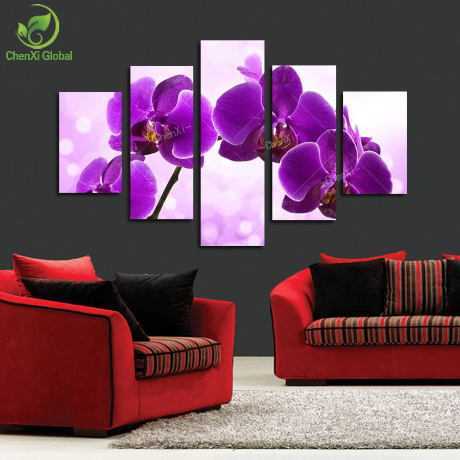 5 panel new modern purple flower painting picture cuadros decoracion canvas art wall decor for living room no frame wedding