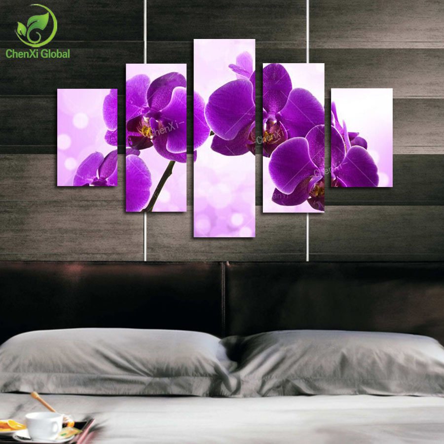 5 panel new modern purple flower painting picture cuadros decoracion canvas art wall decor for living room no frame wedding