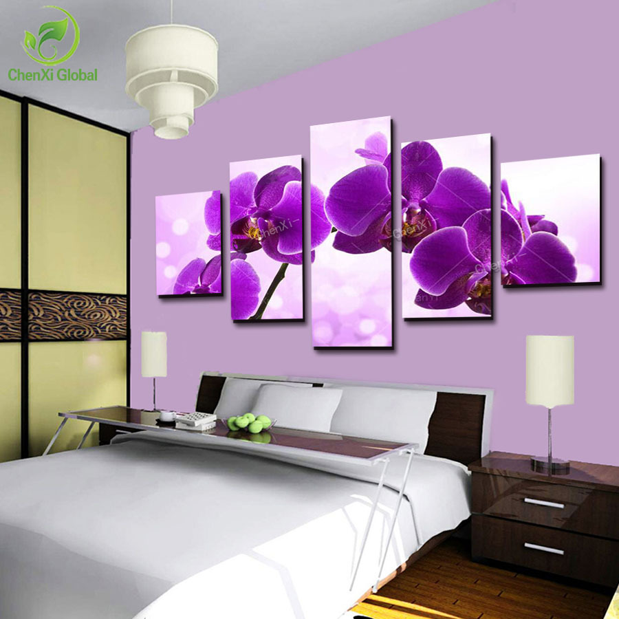 5 panel new modern purple flower painting picture cuadros decoracion canvas art wall decor for living room no frame wedding