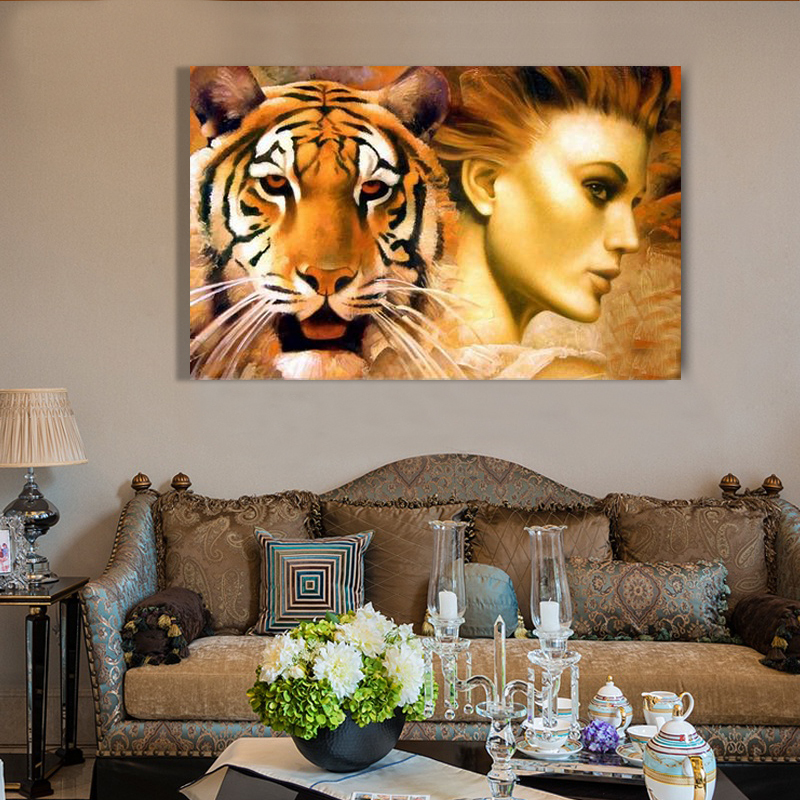 discount lady and tiger hand painted painting oil painting on canvas home decorative wall art picture