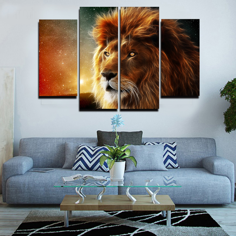 hd 4 panel oil painting lion art canvas wall hanging art lion king picture landscape modern living room decorative