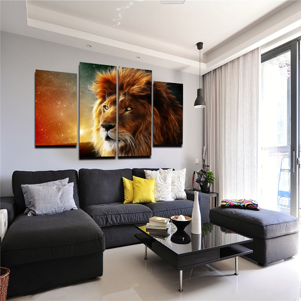 hd 4 panel oil painting lion art canvas wall hanging art lion king picture landscape modern living room decorative