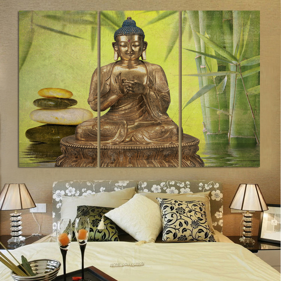 luxry 3 panel abstract printed gold buddha &bamboo painting canvas wall art home decor buda cuadros picture for living room unfr