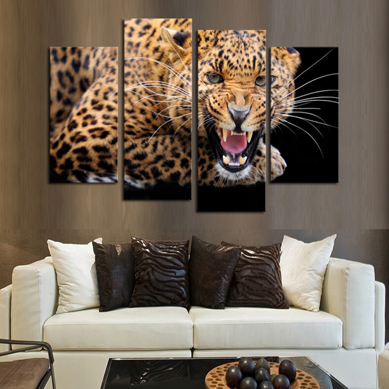 luxry 4 panels (no frame)yellow spots leopard painting canvas wall art picture home decor living room canvas print modern painti