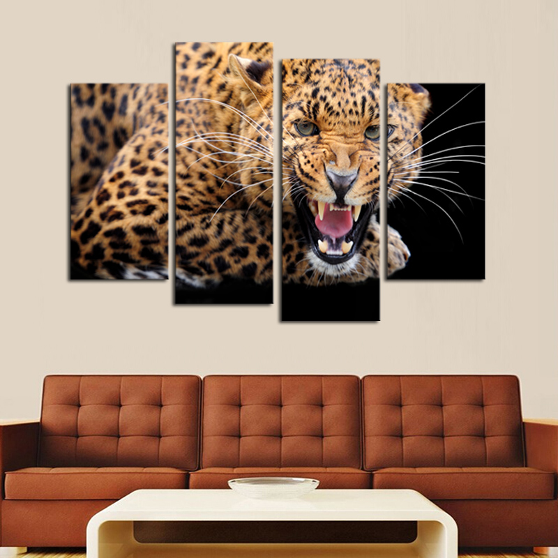 luxry 4 panels (no frame)yellow spots leopard painting canvas wall art picture home decor living room canvas print modern painti