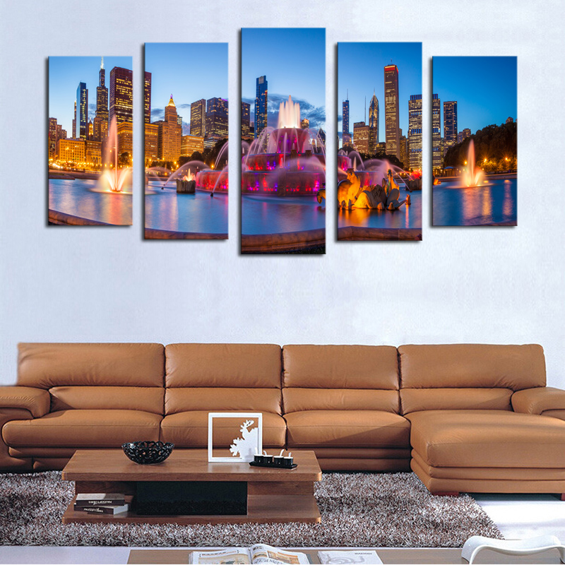 luxry 5 panels(no frame) modern city scenery home wall decor painting canvas art hd print painting canvas wall picture for home